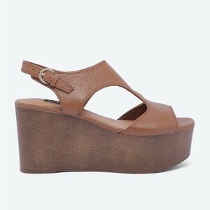 Nine West Womens Brown Leather Platform Block Wedge Sandals Size 7.5M